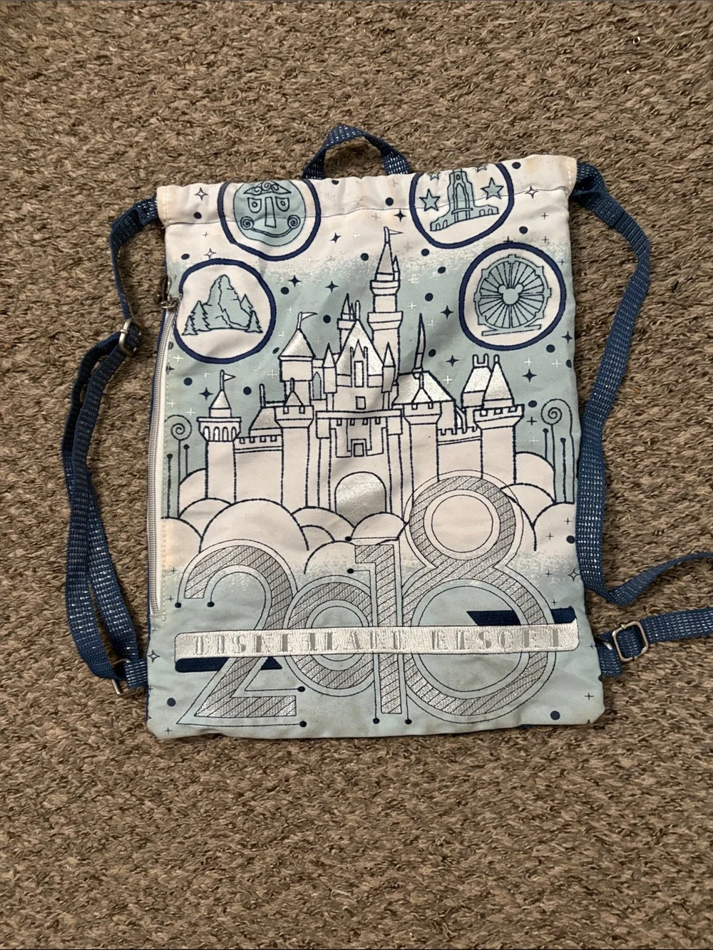 Disney Light Blue Castle Drawstring Backpack with Navy Straps